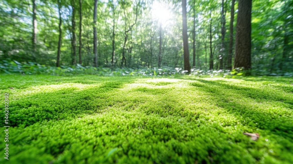 Lush green moss carpet in a sunlit forest. Sunlight filters through the trees, illuminating the vibrant moss Lush green moss carpet in a sunlit forest. Sunlight filters through the trees, illuminating the vibrant moss