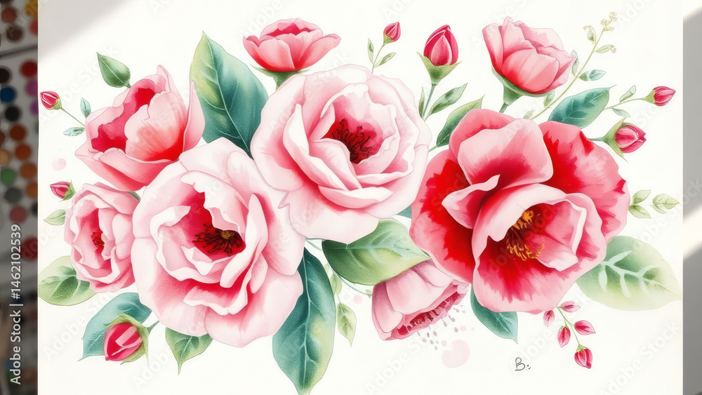 Fototapeta premium acuarela pintando flores en tonos rosas, rojos y verdes sobre lienzo b