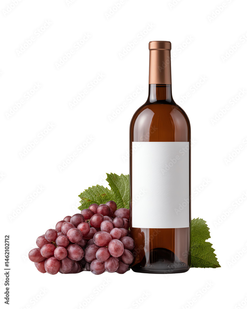 Obraz premium Isolated transparent Wine bottle red grape blend for elegant tasting A bottle of rosé wine next to a cluster of red grapes and green foliage.