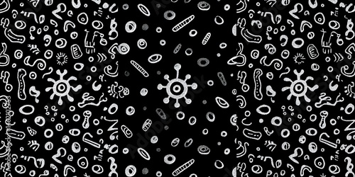 Abstract pattern of diverse, stylized shapes on a black background.  Small, organic forms, circles, spirals, and  cruciform figures fill the image.  A repeating motif creates a textured visual field