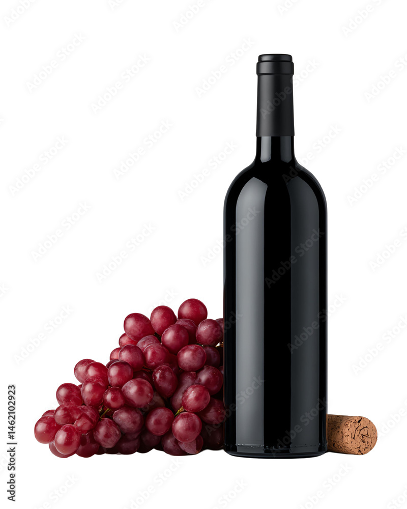 Obraz premium Isolated transparent Wine bottle red grape blend for elegant tasting Bottle of red wine beside a cluster of grapes with a cork.