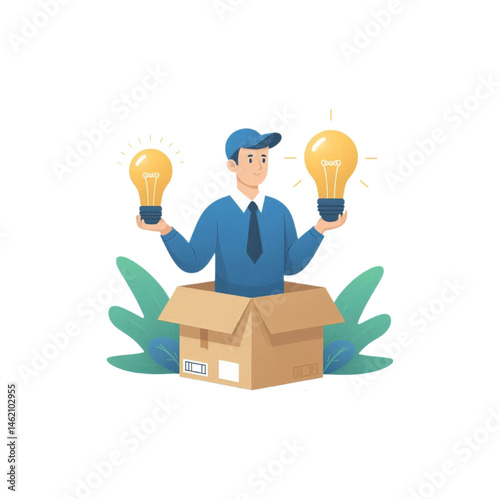 vector illustration of a smiling businessman standing in an open cardboard box, holding a glowing light bulb representing a new idea or innovative thinking.