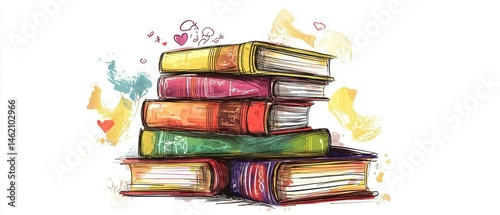 Colorful stack of books with artistic elements.