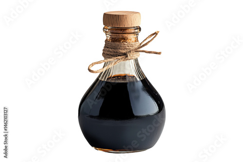 Small glass bottle filled with dark balsamic vinegar tied with rustic twine