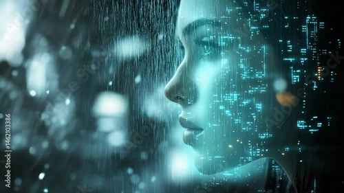 Woman's profile blending with technology, city lights under rain, reflecting future