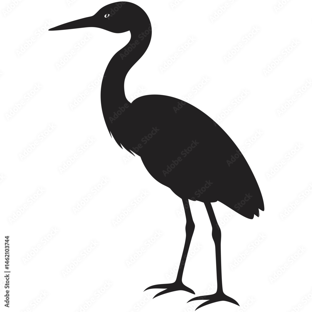 Obraz premium Elegant heron standing tall near a tranquil waterbody during sunset with a backdrop of lush greenery
