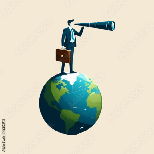 Vector illustration showing a businessman standing on top of the Earth while looking through a telescope, symbolizing global vision, future planning, and international business strategy.