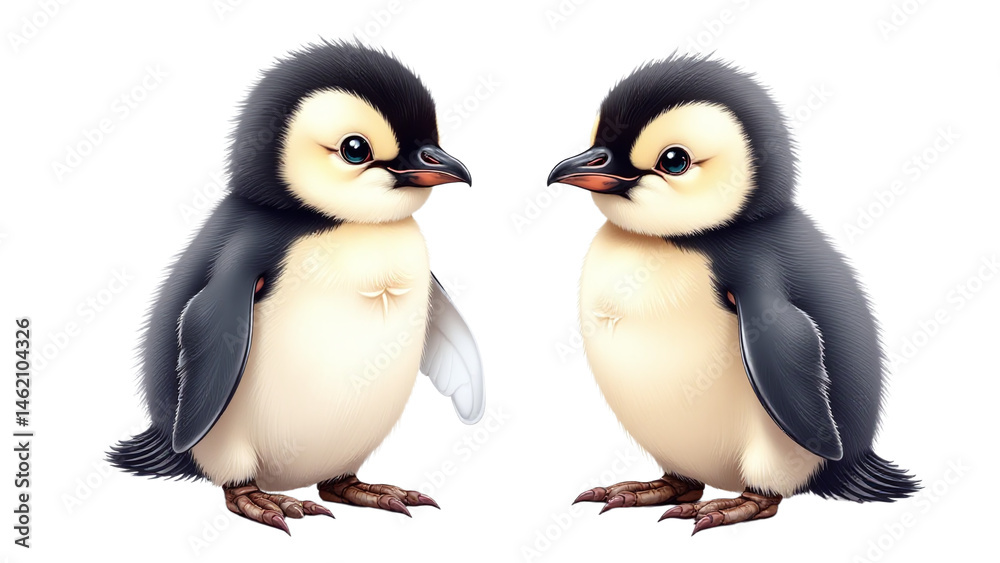 Obraz premium Adorable penguin twins standing side by side, cute black and white cartoon illustration, isolated on white background, perfect for marketing campaigns, social media posts