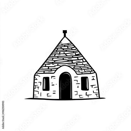 Italian Trullo house, countryside background, architecture illustration, travel guide