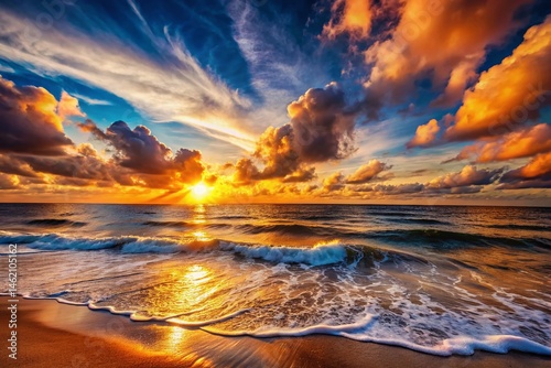 Breathtaking Panoramic Seascape: Golden Hour Sun on Ocean Waves