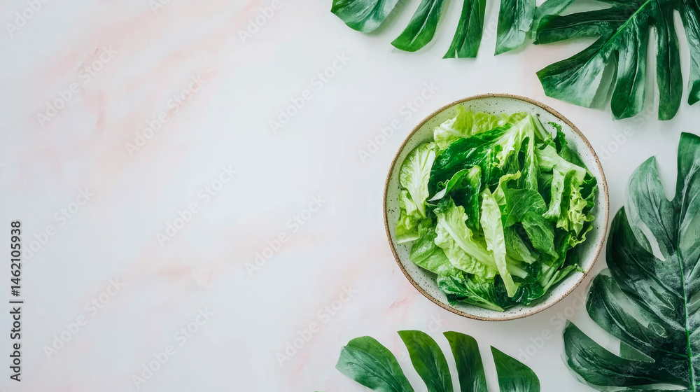 Obraz premium Healthy Meal: Fresh Salad Bowl Surrounded by Tropical Leaves for a Refreshing Summer Diet