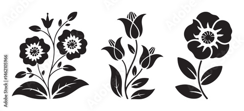 Vector black silhouettes of various flowers isolated on a clean white background for design use