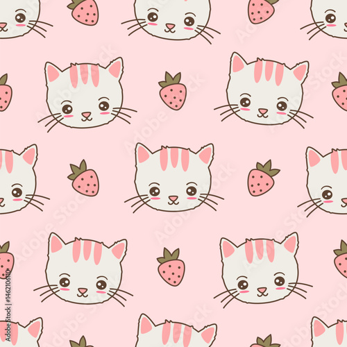 cute hand drawn cartoon character white and pink cat and strawberry seamless vector pattern illustration on pink background