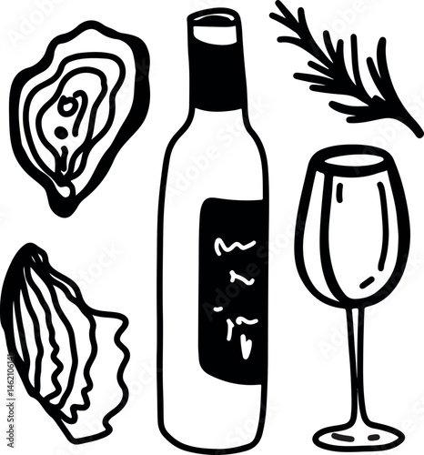  Oysters and wine, drawing, engraving, ink, line art, vector