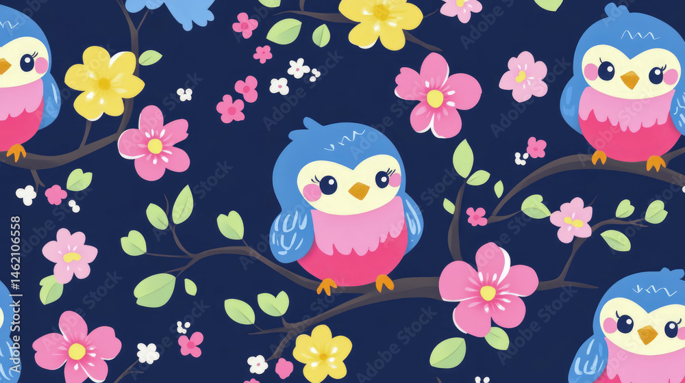 Obraz premium Spring Blossoms: Adorable Birds in Floral Delight, whimsical springtime illustration for nursery decor, card, or textile print.