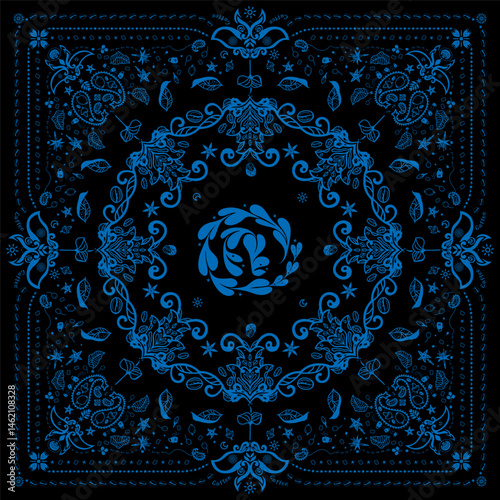 Coffee Blue Bandanna Print, paisley seamless pattern. coffee, coffee beans, flowers, decorative geometric line ornament. Bandana pattern template. Silk neck scarf or kerchief square pattern design.