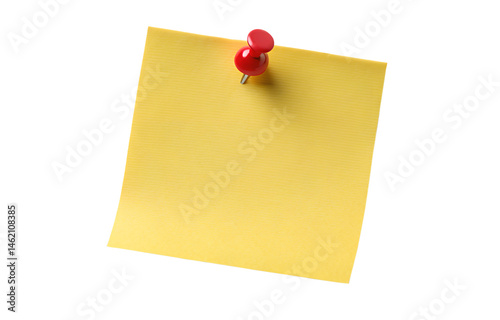 Yellow sticky post it note with red pushpin on Transparent background