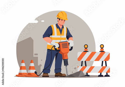 Construction Worker Using Jackhammer Breaking Pavement at Roadwork Site