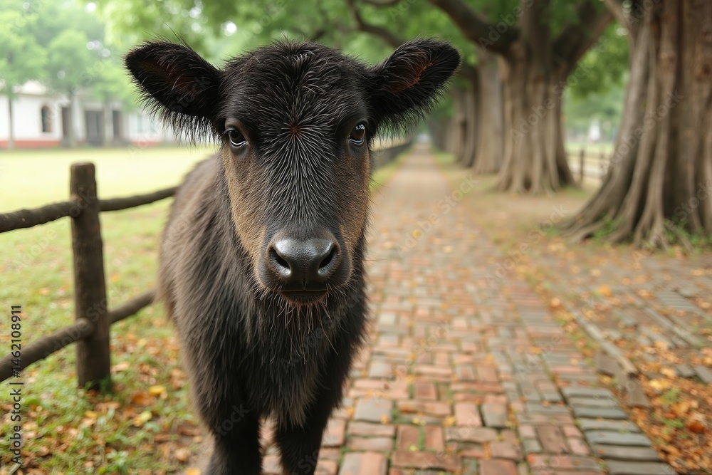 Fototapeta premium A small black cow standing on a brick walkway next to a wooden fence