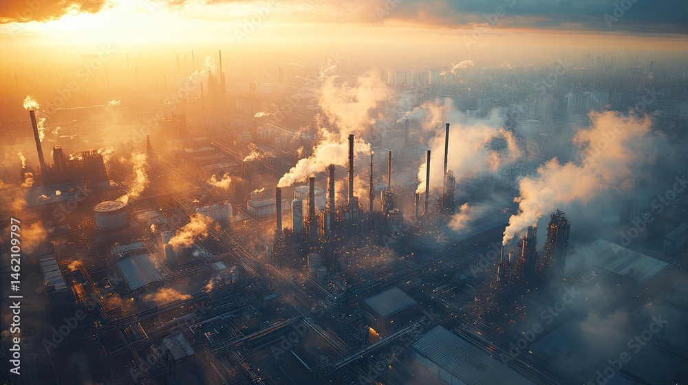 Obraz premium Industrial complex at sunrise with pollution plumes.