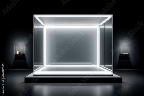 Empty illuminated glass display case.  Dark room,  illuminated white neon light.  Small glass cases flanking the large display
