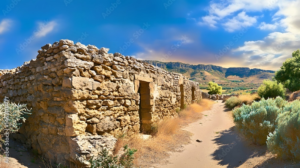 Fototapeta premium Ancient Stone Ruins Pathway Sunny Landscape