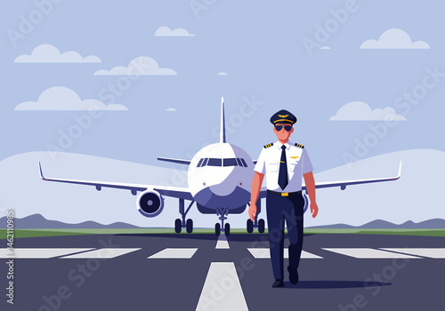 Pilot Walking on Runway with Airplane in Background