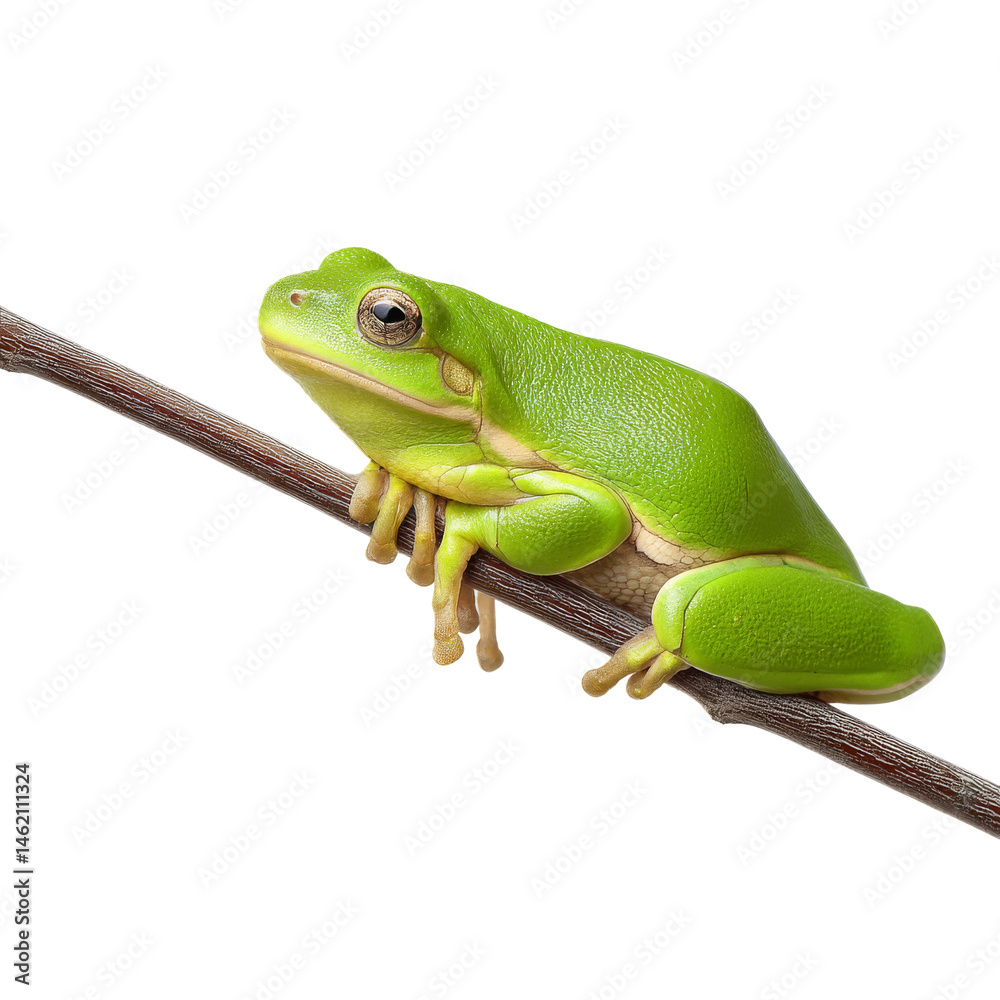 Obraz premium A vibrant green frog perched gracefully on a slender branch, captured in exquisite detail. Its eyes hold a serene gaze as it surveys its surroundings