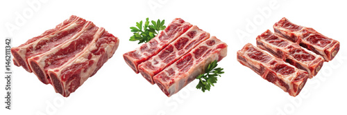 Fresh raw beef ribs with marbling and green parsley on a white background for culinary and meat industry use
