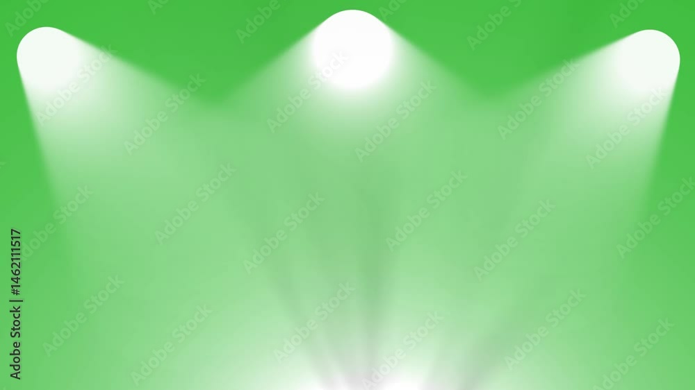 Glowing Stage spotlights animation . Three white bright stage lights blinking. multiple lighting background, spotlight illuminates stage green screen. spotlight, Sun light. lens flares laser beam.