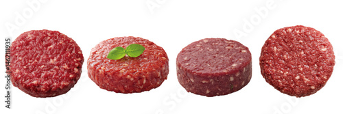 Raw beef patties arranged in a row with one garnished with a basil leaf on a white background