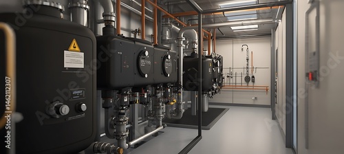 A dosing pump unit on the left, background shows hazy lab pipes, right open for text 