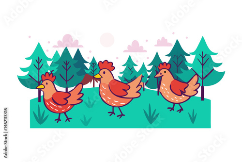 Colorful chickens roaming in a vibrant forest scene during a sunny day in nature