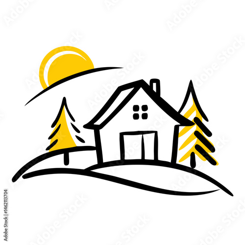 Charming house surrounded by trees under a bright sun in a serene landscape setting