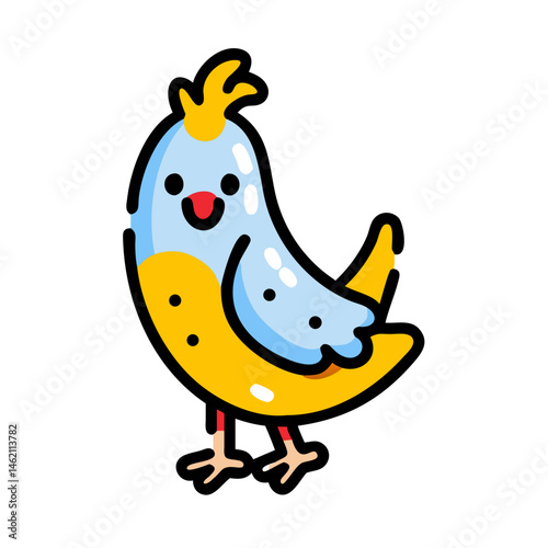 Colorful cartoon bird resembles a banana, features a cheerful expression and playful design, perfect for kids' art
