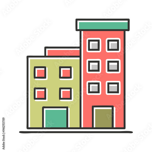 Colorful buildings standing side by side in a lively urban setting with clean lines and vibrant hues