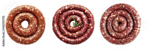 Close-up of realistic coiled sausages on a white background showcasing various spices and textures