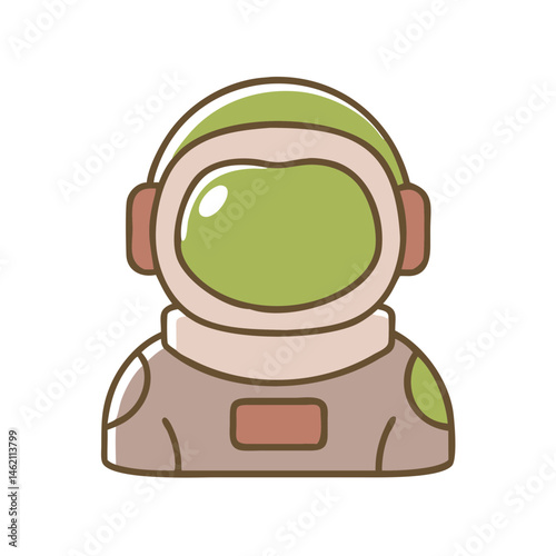 Astronaut character in retro style with green helmet and beige suit is ready for an adventure in space exploration