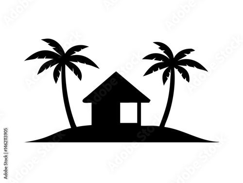 Tropical house silhouette surrounded by palm trees against a simple white background