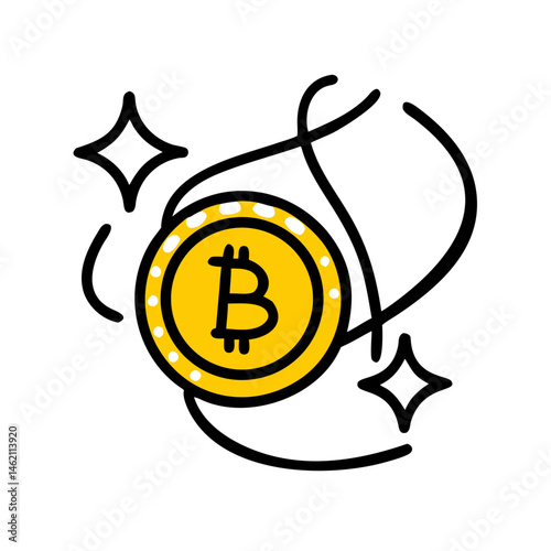 Digital currency symbol shining brightly with swirling lines and sparkles in a minimalistic design