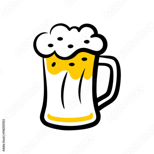 Beer mug filled with golden brew topped with frothy foam sitting on a wooden table in a lively tavern
