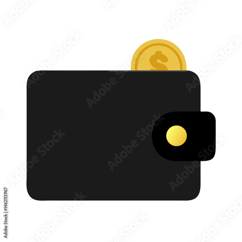 A sleek black wallet is partially open, revealing a shiny coin on the edge