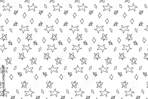 Simple Hand drawn star with yellow color and seamless pattern with various size type and variant that isolated in white background. For wallpaper use.