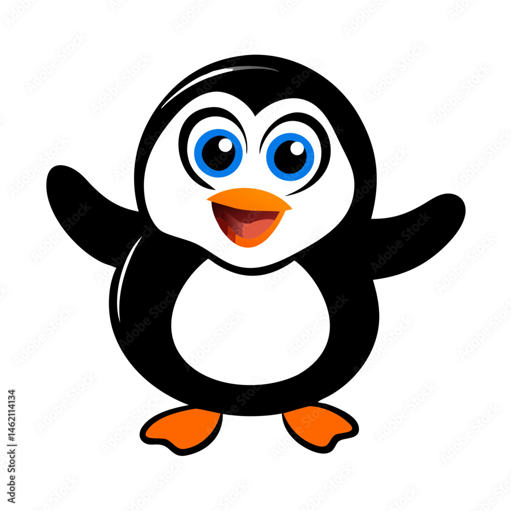 Fototapeta premium Cheerful cartoon penguin with bright blue eyes and orange beak posing with outstretched wings