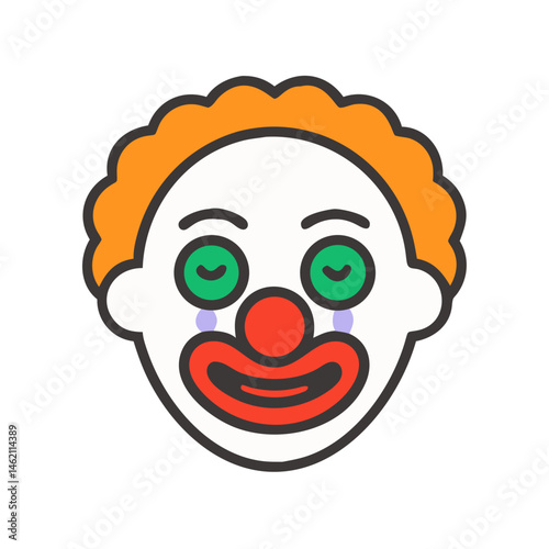 Colorful clown face with green eyes and a big red nose, evoking joy and whimsy in illustration style