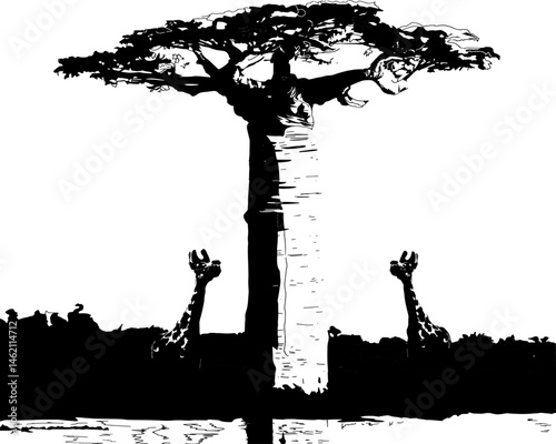 vector illustration of a silhouette of a tree in a park with giraffes 