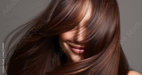 A woman with long, flowing, and shiny brown hair that gracefully covers her face showcasing healthy and well-maintained locks in a serene setting
