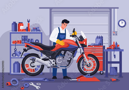 Motorcycle Repair Shop Illustration Mechanical Maintenance and Service
