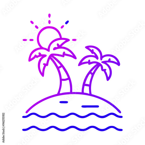Tropical island with palm trees under a bright sun, featuring waves gently lapping at the shore