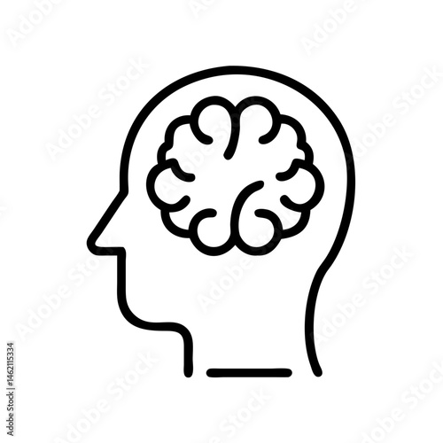 Illustration of a human head profile with brain showcasing creative thinking and cognitive processes in minimalist design